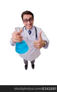 Funny doctor with blue liquid isolated on white
