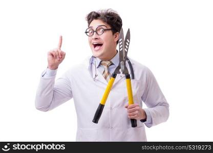 Funny doctor with shears isolated on white