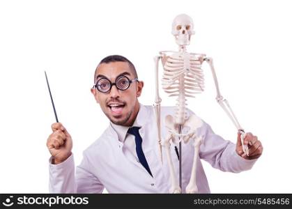 Funny doctor with skeleton isolated on white