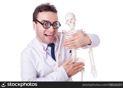 Funny doctor with skeleton isolated on white
