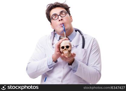 Funny doctor with skull isolated on white