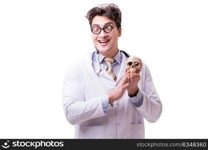 Funny doctor with skull isolated on white