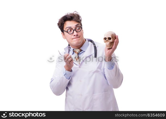 Funny doctor with skull isolated on white