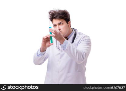 Funny doctor with syringe isolated on white