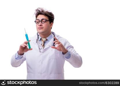 Funny doctor with syringe isolated on white