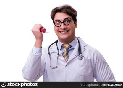 Funny doctor with syringe isolated on white