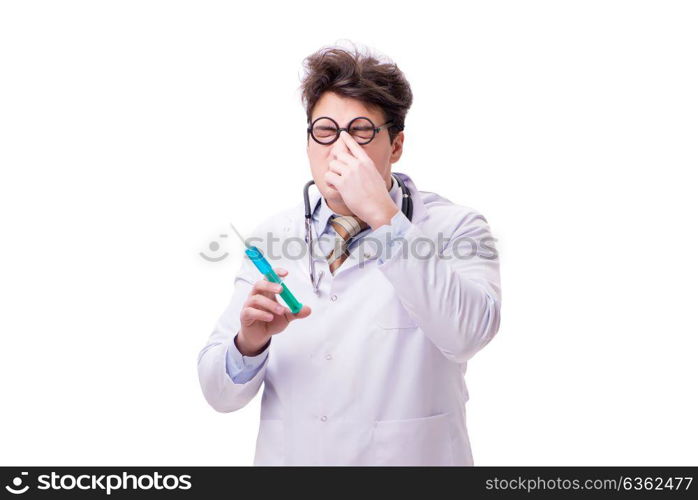 Funny doctor with syringe isolated on white