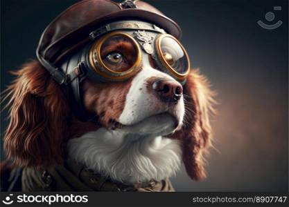 Funny dog wearing flying glasses or goggles on a dark background. Generative AI