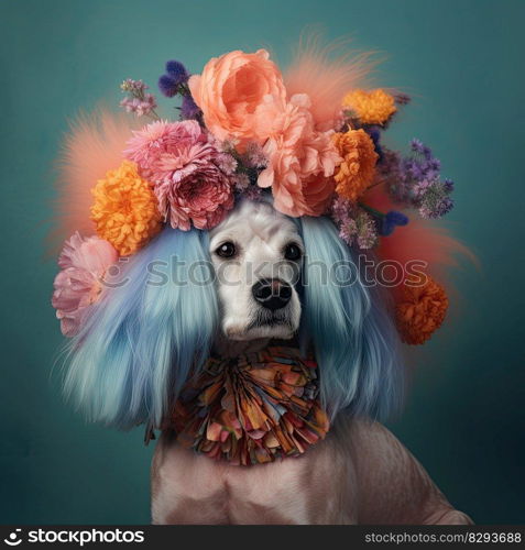 Funny dog with colorful wig and flowers on a colored background. Generative AI