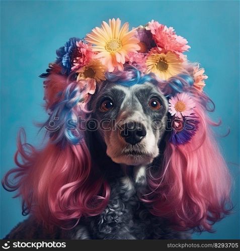 Funny dog with colorful wig and flowers on a colored background. Generative AI
