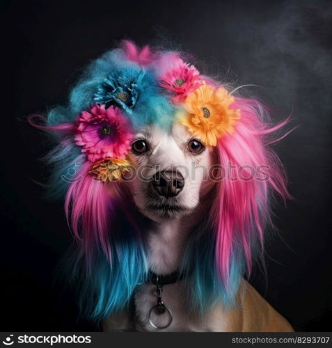 Funny dog with colorful wig and flowers on a colored background. Generative AI