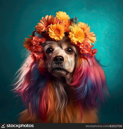 Funny dog with colorful wig and flowers on a colored background. Generative AI