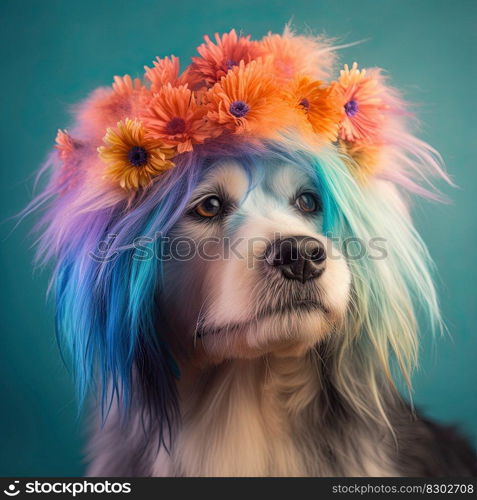 Funny dog with colorful wig and flowers on a colored background. Generative AI