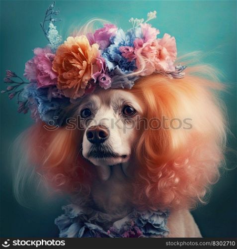 Funny dog with colorful wig and flowers on a colored background. Generative AI