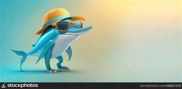 Funny dolphin wearing sunglasses on a light color background. Generative AI 