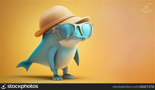 Funny dolphin wearing sunglasses on a light color background. Generative AI 