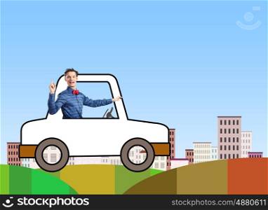 Funny driver. Young funny man driving little drawn car