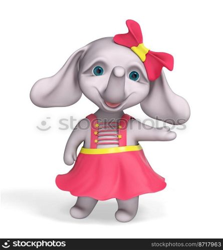 Funny e≤phant baby girl cartoon po∫ing and showing something isolated over white, 3d  rendering