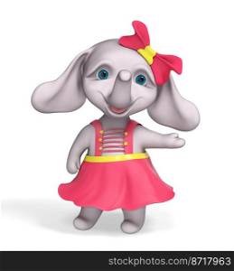 Funny e≤phant baby girl cartoon po∫ing and showing something isolated over white, 3d  rendering