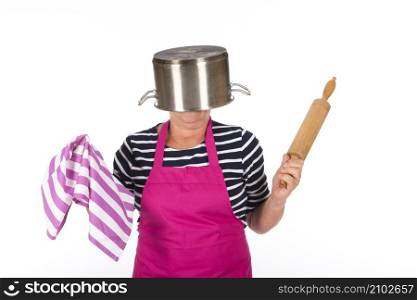Funny elder woman with pan on the head isolated over white background