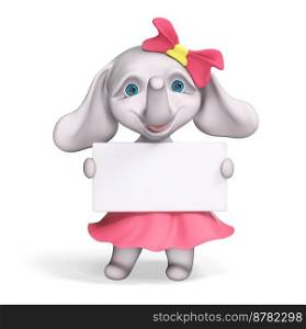 Funny elephant baby girl cartoon with poster, isolated 3d rendering
