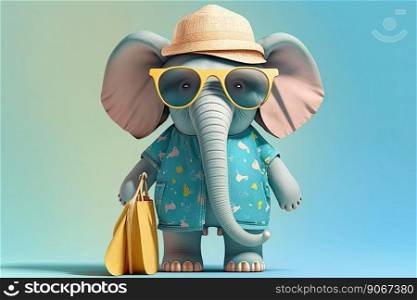 Funny elephant wearing sunglasses on a light color background. Generative AI 