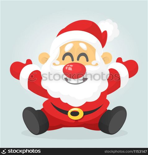 Funny excited cartoon Santa claus sitting. Vector Christmas illustration