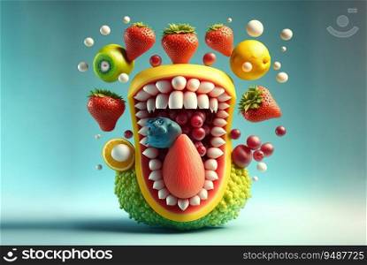 Funny exotic fruit monster. Cute juicy character with expressing freshness and fun. Generated AI
