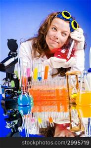 Funny female chemist in lab
