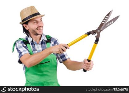 Funny gardener with shears isolated on white
