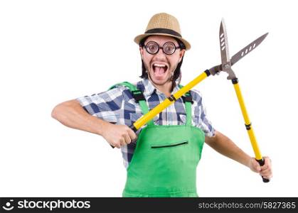 Funny gardener with shears isolated on white
