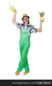 Funny gardener with watering can isolated on white