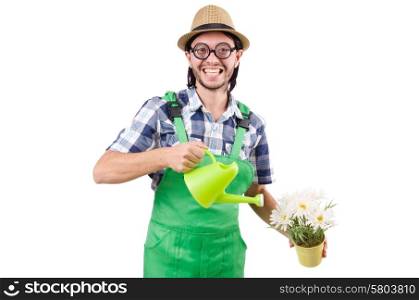 Funny gardener with watering can isolated on white