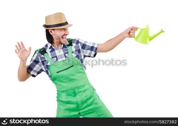 Funny gardener with watering can isolated on white