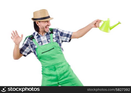 Funny gardener with watering can isolated on white