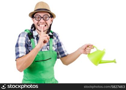 Funny gardener with watering can isolated on white