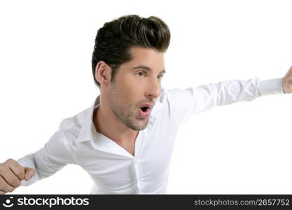 funny gesture dancing young male man isolated on white background