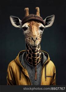 Funny giraffe with casual clothes. A tall animal wearing a yellow coat. Generative AI