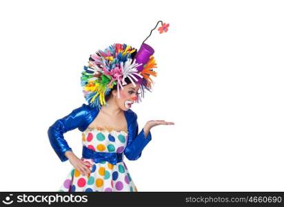 Funny girl clown looking something over her hand isolated on white background
