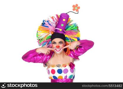 Funny girl clown with a beautiful smile isolated on white background