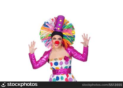 Funny girl clown with a big colorful wig isolated on white background
