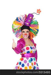 Funny girl clown with a big colorful wig saying Ok isolated on white background
