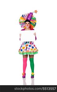 Funny girl clown with a blank advertising for text isolated on white background