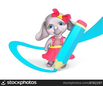 Funny girl e≤phant character draws with big pencil isolated 3d rendering