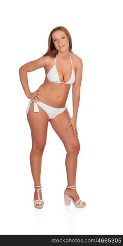 Funny girl in bikini isolated on a white background