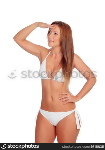 Funny girl in bikini looking something isolated on a white background