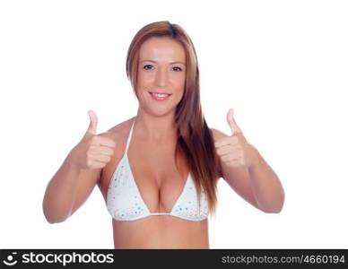 Funny girl in bikini saying Ok isolated on a white background