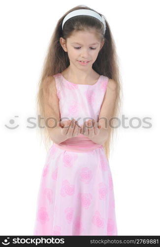 Funny girl in pink dress. Isolated on white background