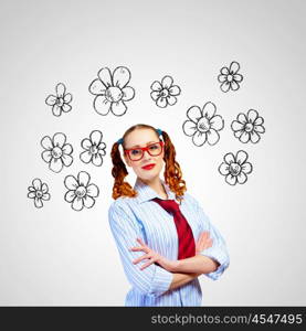 Funny girl in red glasses. Image of funny girl in red glasses