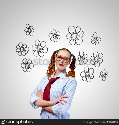 Funny girl in red glasses. Image of funny girl in red glasses